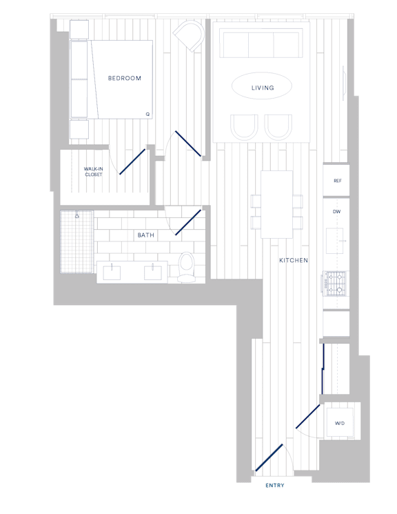 A floor plan of a house with a living room, kitchen, bath, and bedrooms.