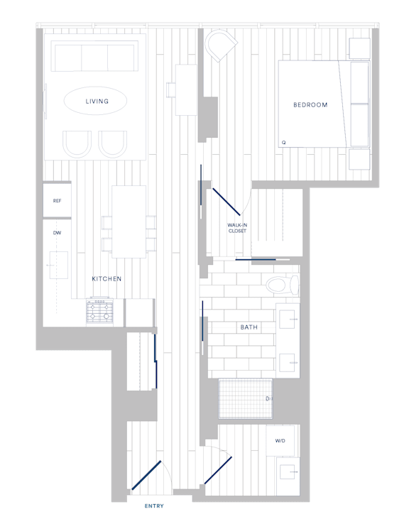 A floor plan of a house with labeled rooms such as living room, bedroom, and kitchen.