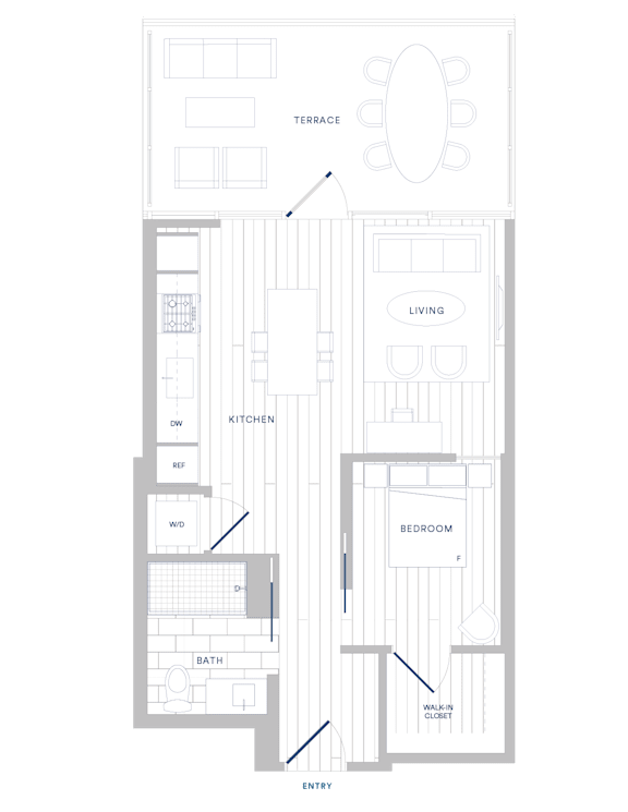 A floor plan of a house with a living room, kitchen, bathroom, and bedroom.