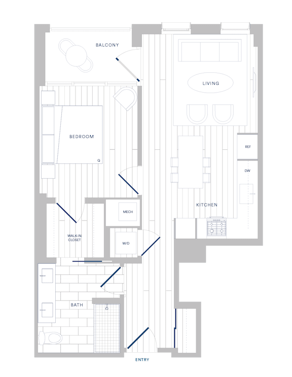 A floor plan of a house with labeled rooms such as Bedroom, Bath, Kitchen, Living room, and Balcony.