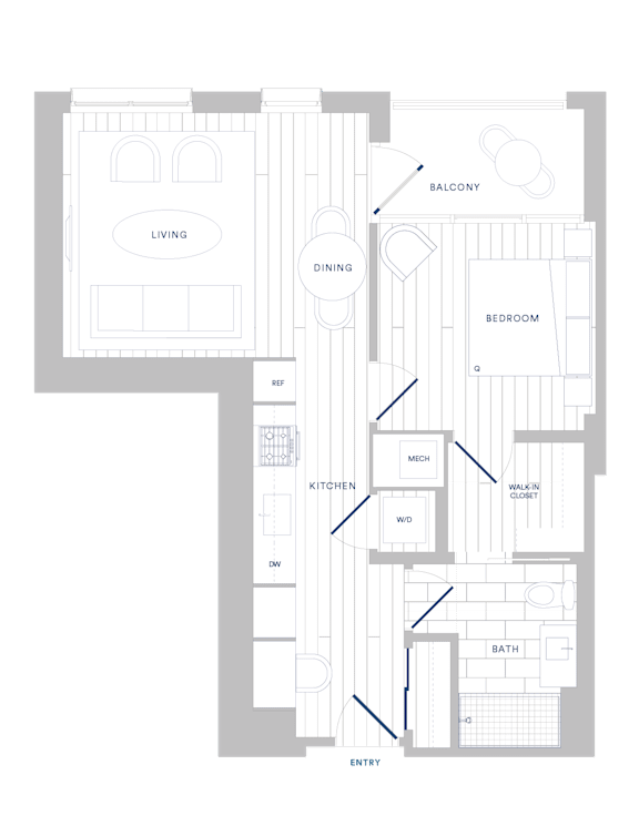 A floor plan of a house with a living room, dining room, kitchen, two bedrooms, a bathroom, and a wine cellar.