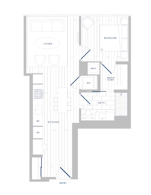 A floor plan of a house with a living room, kitchen, bathroom, and bedroom.