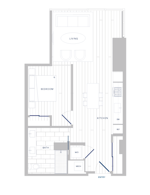 A floor plan of a house with a living room, bedroom, bathroom, kitchen, dining room, and entry.