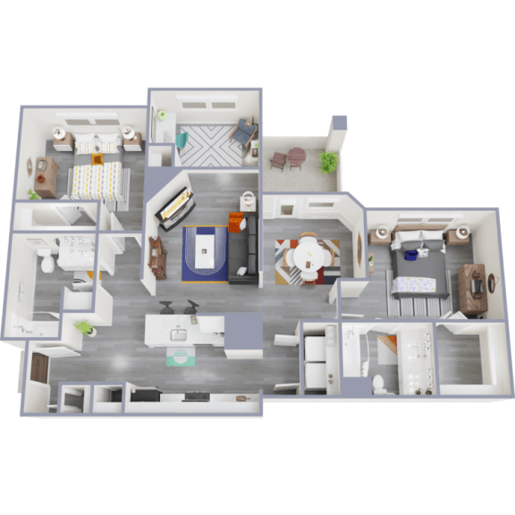 3d furnished floor plan of a 1 bedroom apartment