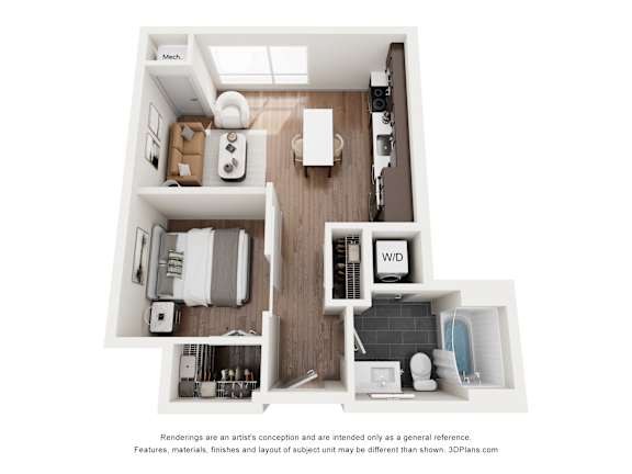 A 3D floor plan of a small apartment with a kitchen, living room, and bathroom.