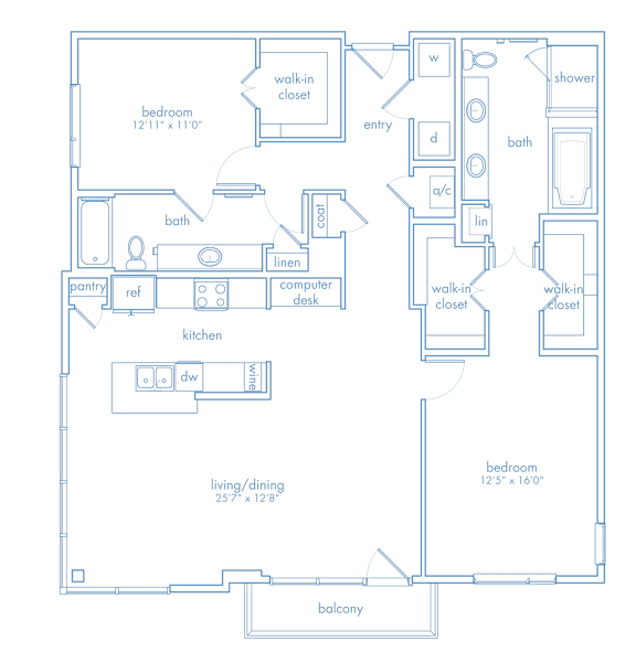 A blueprint of a house layout with a living/dining area of 25.7 x 12.8, a kitchen, two bedrooms, a bathroom, a pantry, a linen closet, and a