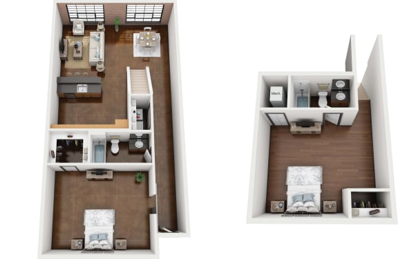 a stylized floor plan with a bedroom and a living room