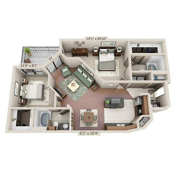 A floor plan of a two-bedroom apartment with dimensions and furniture layout.