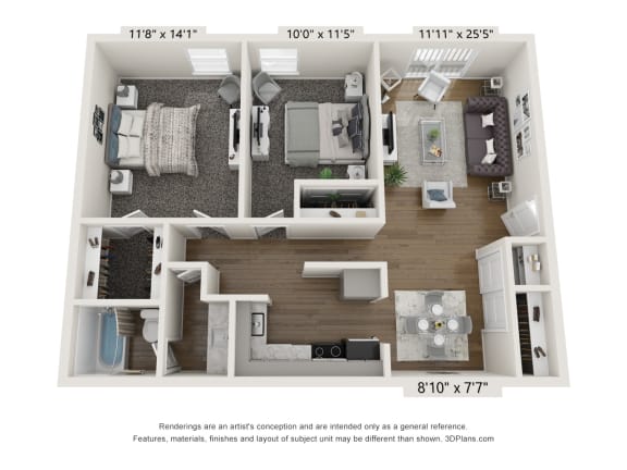 a 3d floor plan of a room with a bedroom
