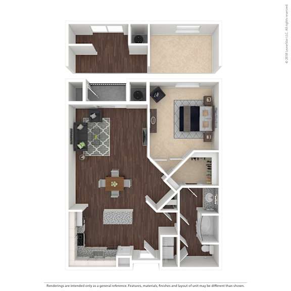 A 3D rendered image of a house layout.