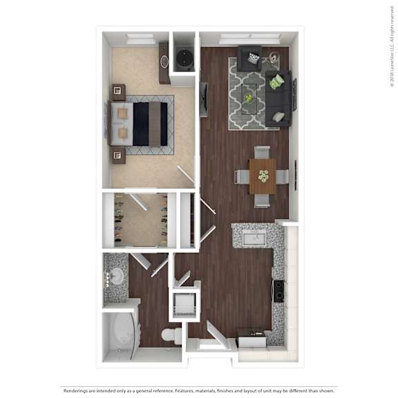 A floor plan of a small apartment with a kitchen, living room, and bathroom.