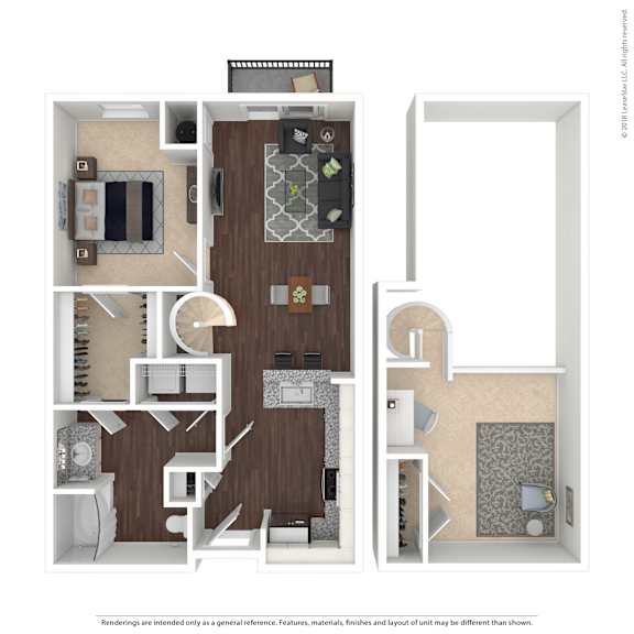 A floor plan of a two-story apartment with a living room, kitchen, and bathroom.
