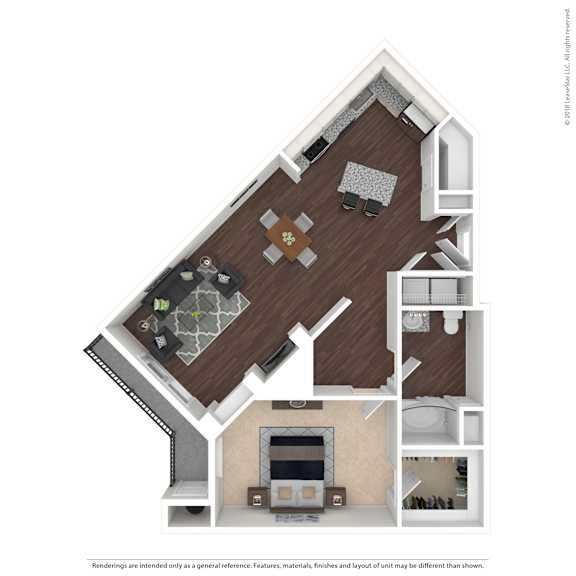 A 3D floor plan of a house with a kitchen, living room, and bathroom.