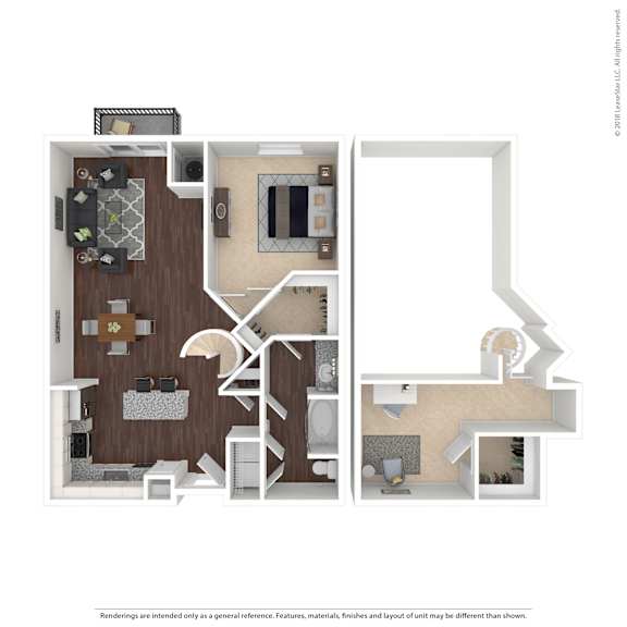 A floor plan of a two-story apartment with a living room, kitchen, and bedrooms.