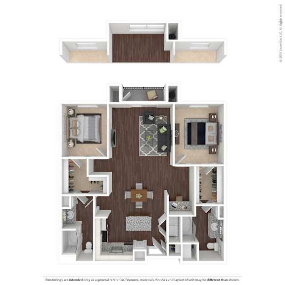 A floor plan of a house with a kitchen, living room, and two bedrooms.