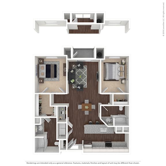 A detailed 3D floor plan of a house layout.