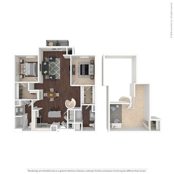 A floor plan of a house with a kitchen, living room, and two bedrooms.