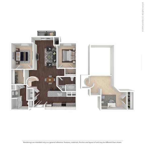 A floor plan of an apartment with a kitchen, living room, and bedrooms.