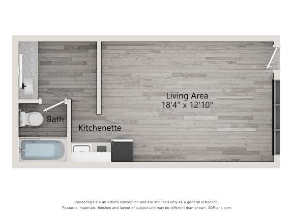 A floor plan of a small apartment with a living area, kitchenette, and bathroom.
