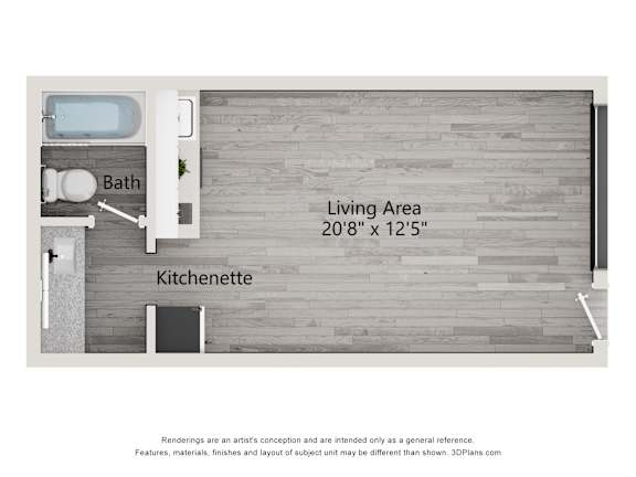 A 3D floor plan of a bathroom with a kitchenette and a living area.