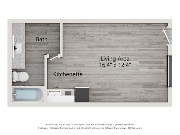 A floor plan of a bathroom and kitchenette.