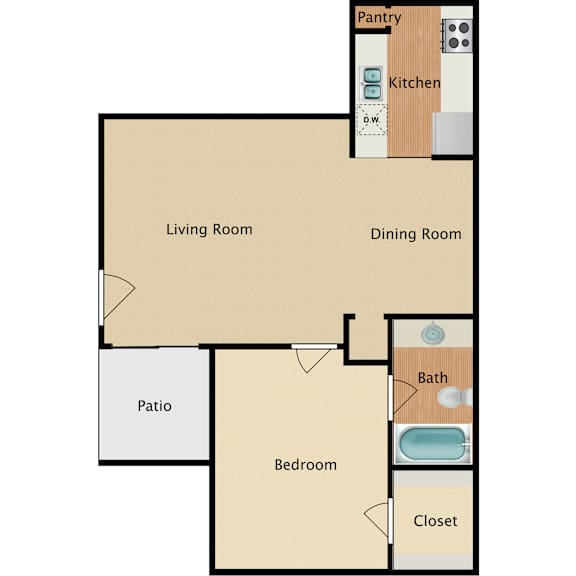 A floor plan of a house with a living room, dining room, kitchen, bathroom, bedroom, closet, and patio.