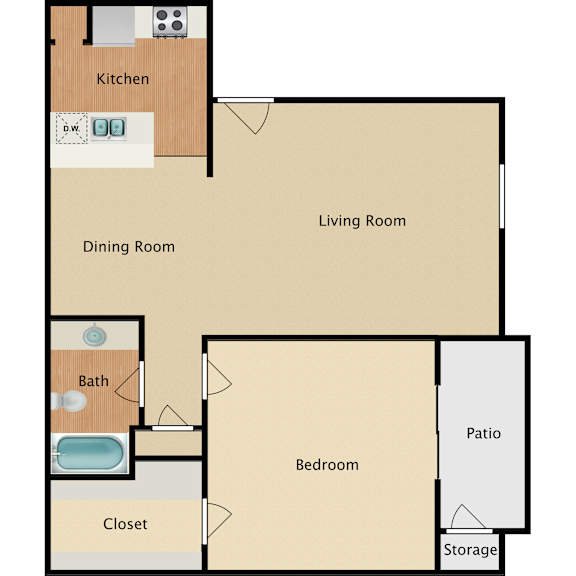 A floor plan of a house with a kitchen, dining room, living room, bedroom, bathroom, closet, patio, and storage.