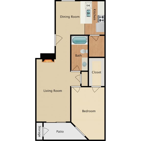 A floor plan of a house with a dining room, living room, bedroom, bath, and closet.