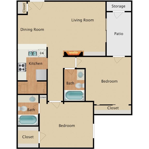 A floor plan of a house with two bedrooms, a living room, a dining room, a kitchen, a bathroom, a patio, and a storage area.