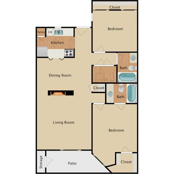 A floor plan of a house with a kitchen, dining room, living room, two bedrooms, a bath, and a storage area.
