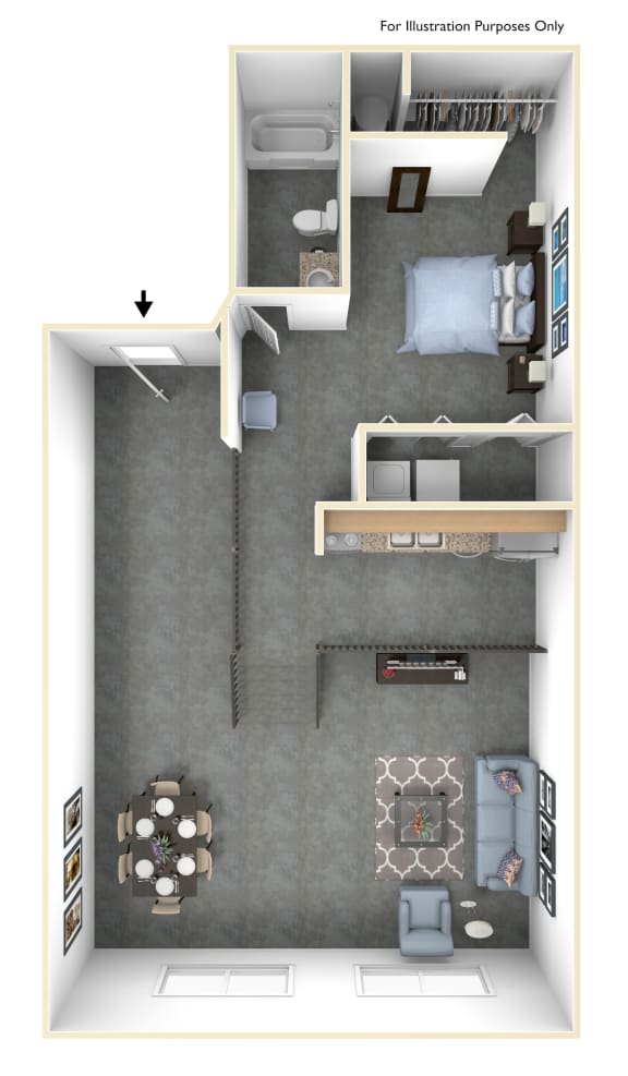 a floor plan of a studio apartment with a bedroom and a living room