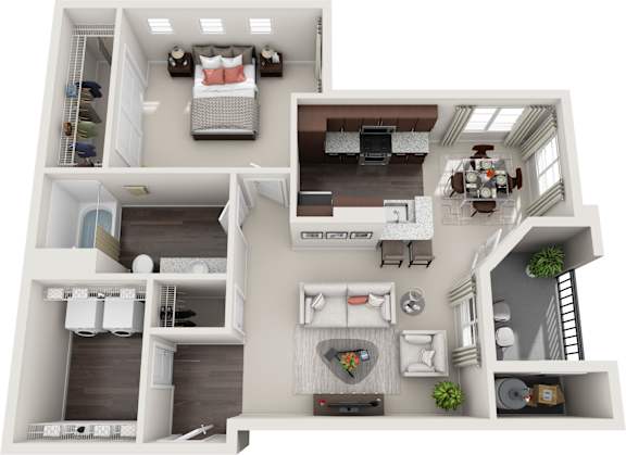A 3D floor plan of a house with a living room, kitchen, and bedrooms.