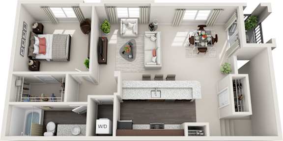A 3D rendered image of a modern apartment layout.