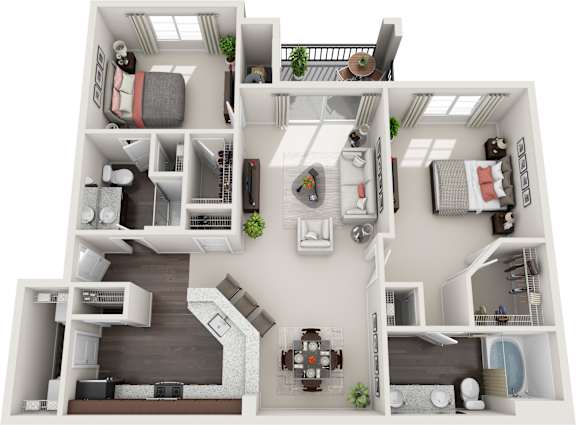 A 3D floor plan of a house with multiple rooms and furniture.