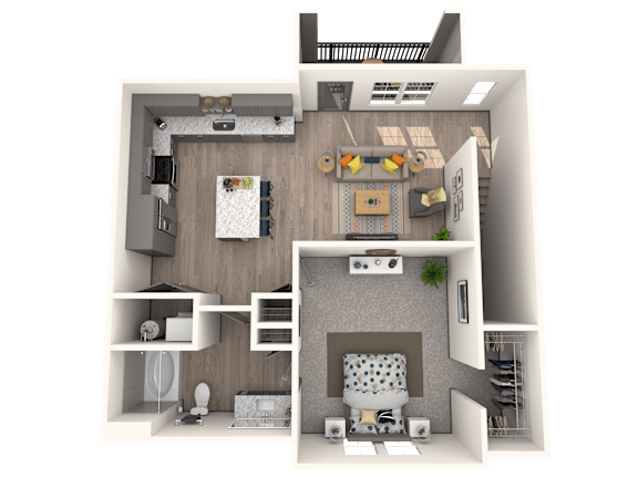 A 3D rendered image of a house layout with a kitchen, living room, and bathroom.