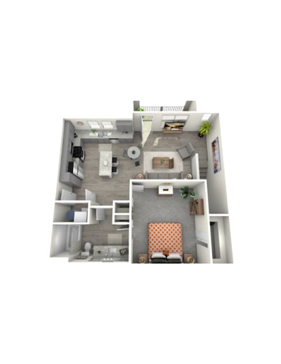 A 3D floor plan of a small apartment with a kitchen, living room, and bathroom.