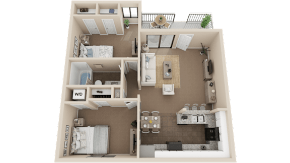 A 3D floor plan of a small apartment with two bedrooms and a living area.