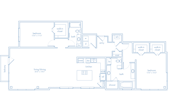 A floor plan of a house with two bedrooms, a living area, a kitchen, a bathroom, and a laundry room.