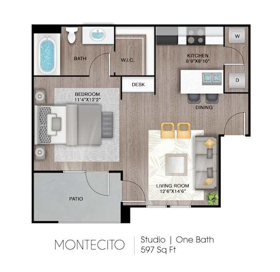 A floor plan of a studio apartment with one bath and a living space of 597 square feet.