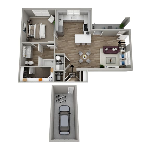 A floor plan of a house with a garage and a car.