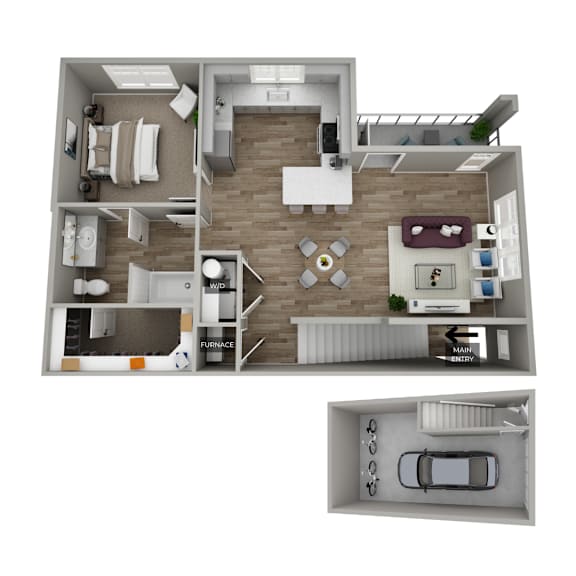 A 3D floor plan of a house showing the layout of the rooms.