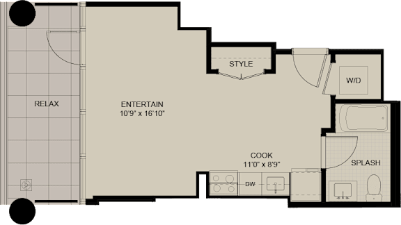 A floor plan of a house with labeled rooms such as RELAX, ENTERTAIN, and COOK.