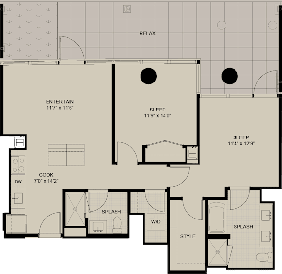 A floor plan of a house with labeled rooms such as RELAX, ENTERTAIN, SLEEP, COOK, SPLASH, W/D, and STYLE.