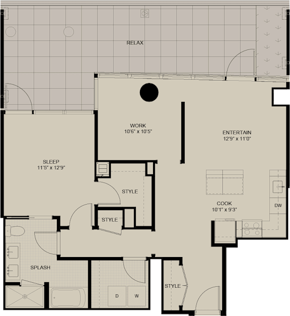 A floor plan of a house with labeled rooms such as RELAX, WORK, ENTERTAIN, SLEEP, COOK, STYLE, and SPLASH.