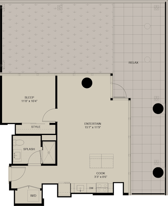 A floor plan of a house with labeled rooms such as SLEEP, STYLE, SPLASH, COOK, and W/D.