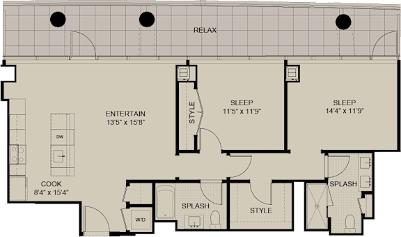 A floor plan of a house with a relaxation area, two bedrooms, a bathroom, a kitchen, and two splash areas.
