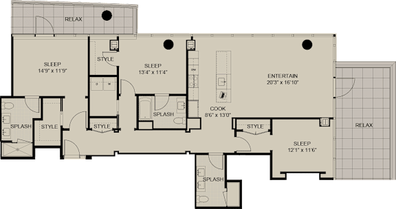 A floor plan of a house with labeled rooms such as "RELAX" and "ENTERTAIN".