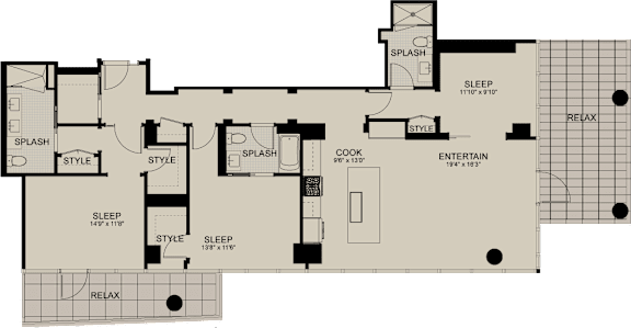 A floor plan of a house with labeled rooms such as SPLASH, SLEEP, STYLE, RELAX, and ENTERTAIN.