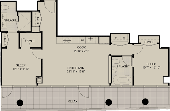 A floor plan of a house with a sleeping area, entertainment area, and a kitchen.