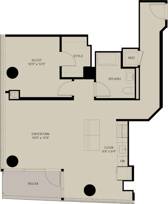 A floor plan of a house with a sleeping area, a style area, a splashback, an entertainment area, a cooking area, and a relaxation area.